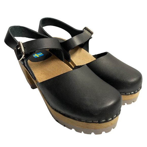 MIA "Sofia" Clog Platform Sandal Black Leather with Wood Heel - Picture 4 of 14